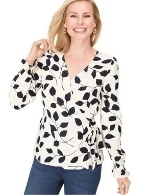 Talbots Black & White Leaf-Print Wrap Top With Peplum Back